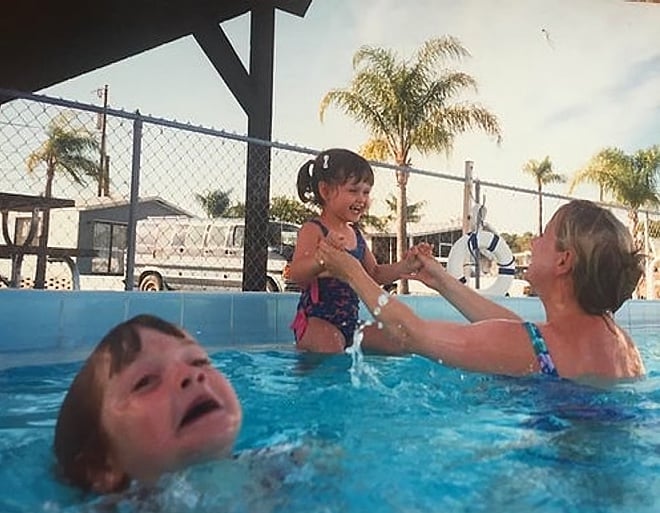 Mother Ignoring Kid Drowning in a Pool (One Panel)